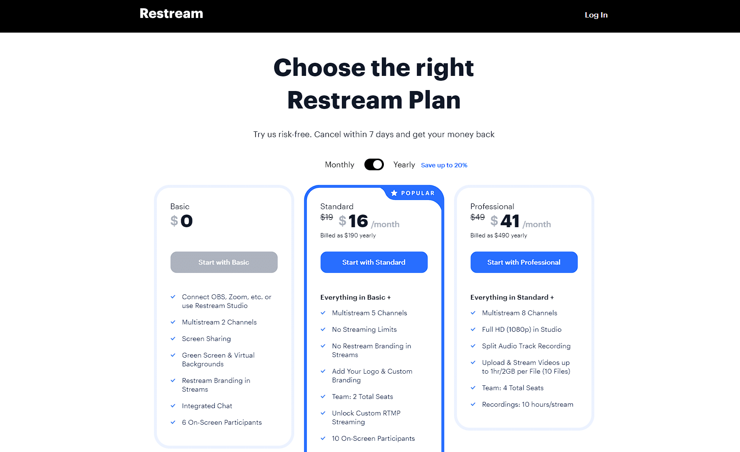 Choose the plan for Restream