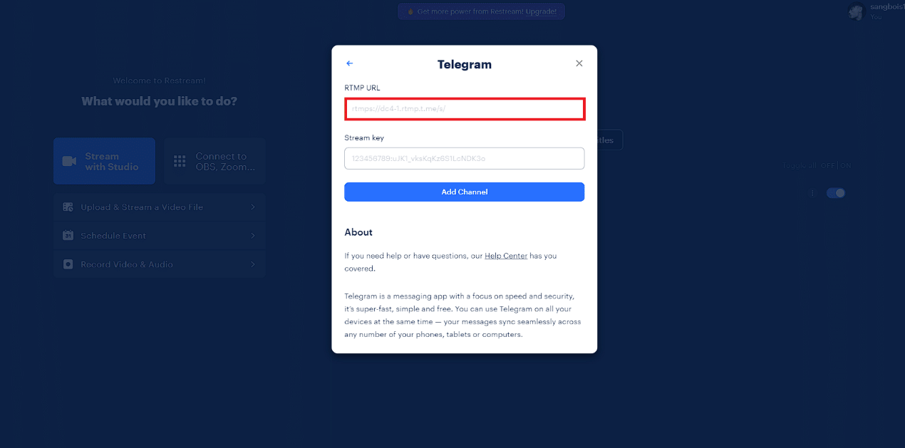 Paste the copied URL into the Restream RTMP URL text field