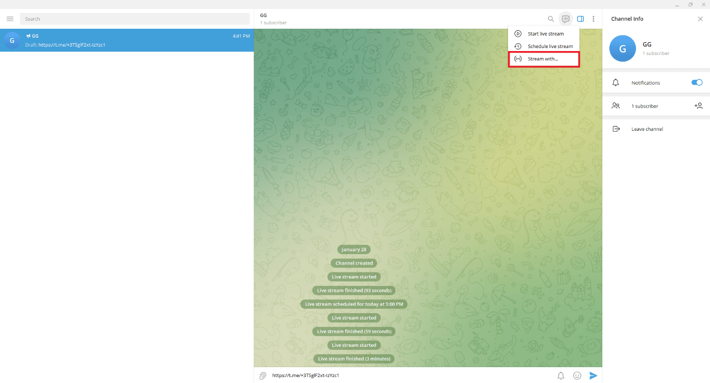 click on the Stream with… option. How to Go Live on Telegram