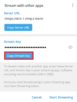 Go back to the Telegram app and click on Copy Stream Key