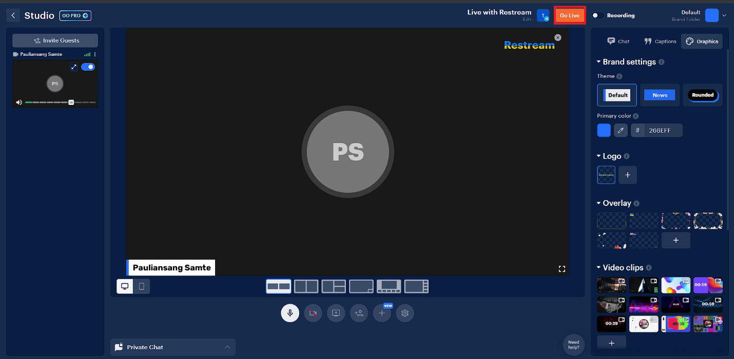 Click on the Go Live button to live stream
