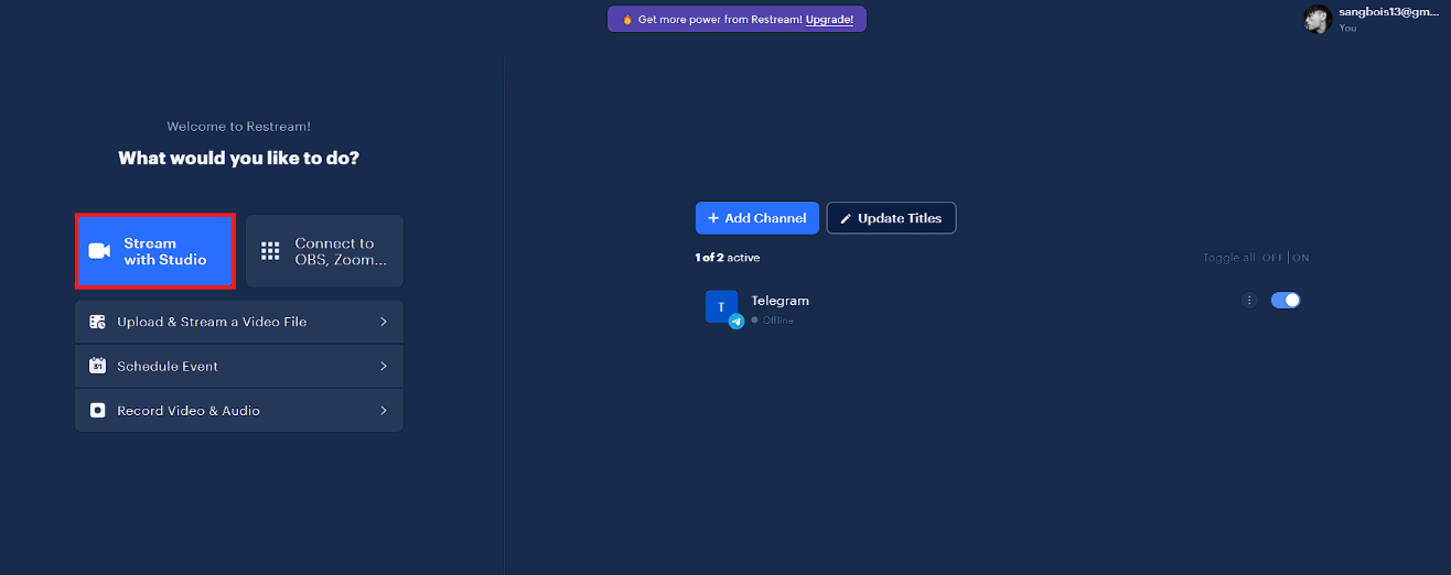 Click on the Stream with Studio option. How to Go Live on Telegram