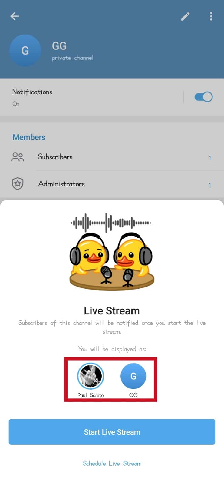 Select the channel to start the stream as