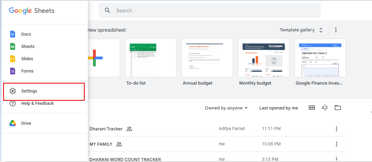 click on Settings. Fix Google Sheets is Not Saving