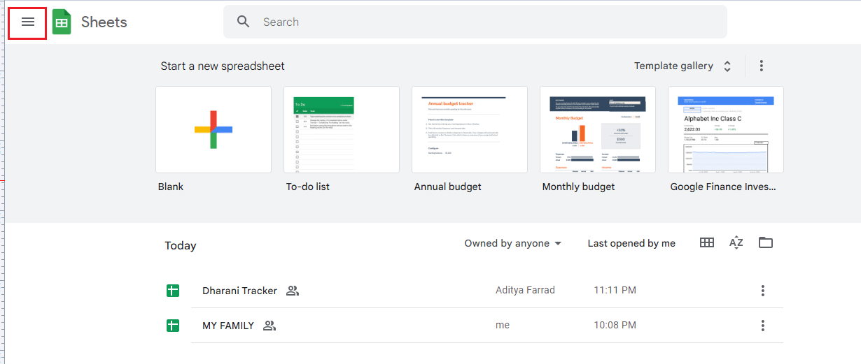 Open Google Sheets and click on hamburger menu icon