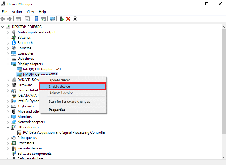 enable device NVIDIA geforce