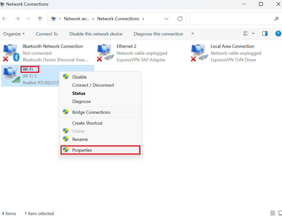 properties under network connections