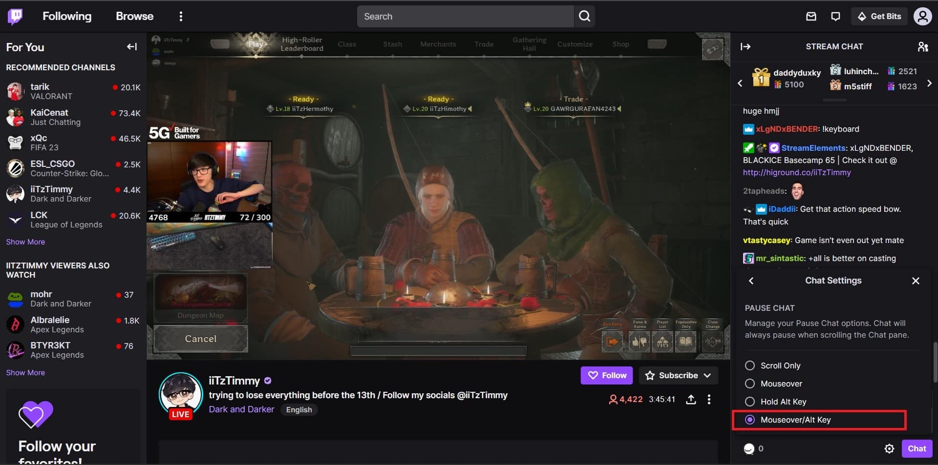 Select the Mouseover/Alt Key option | how to pause Twitch chat