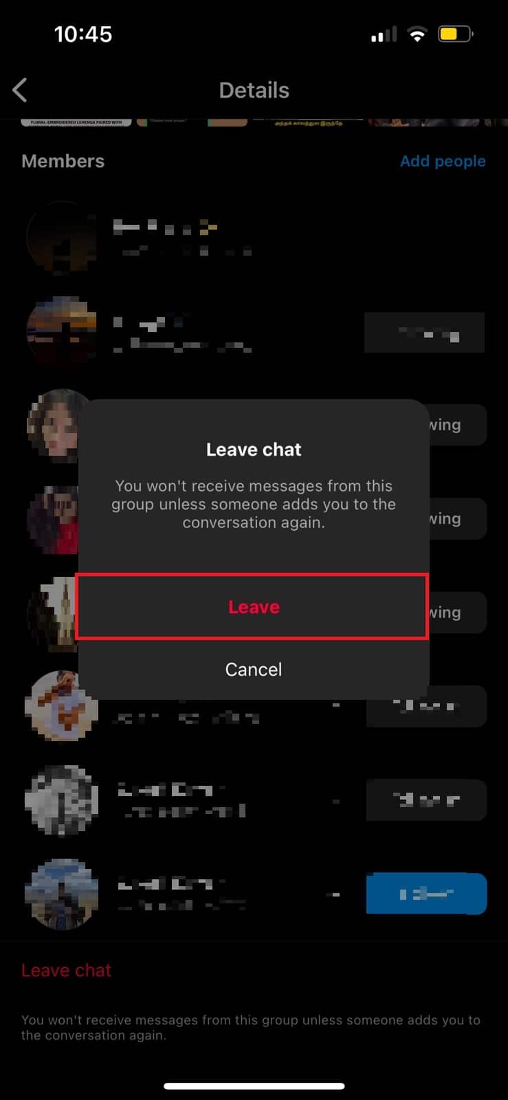 Tap Leave Chat to confirm your decision to leave.
