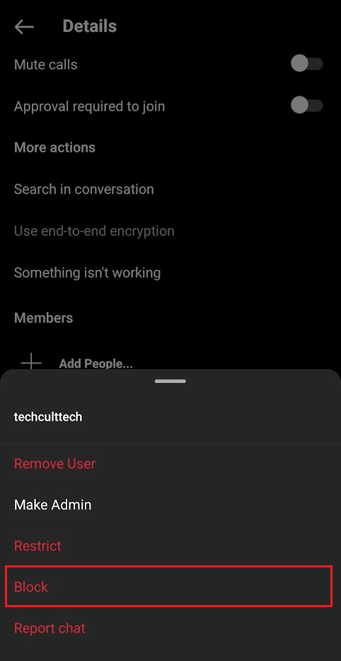 group Details menu - three-dotted icon next to the desired member - Block
