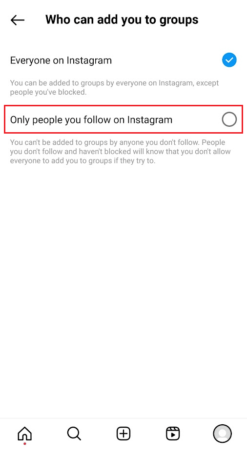 Select the Only people you follow on Instagram radio button | How to Leave a Group Chat on Instagram