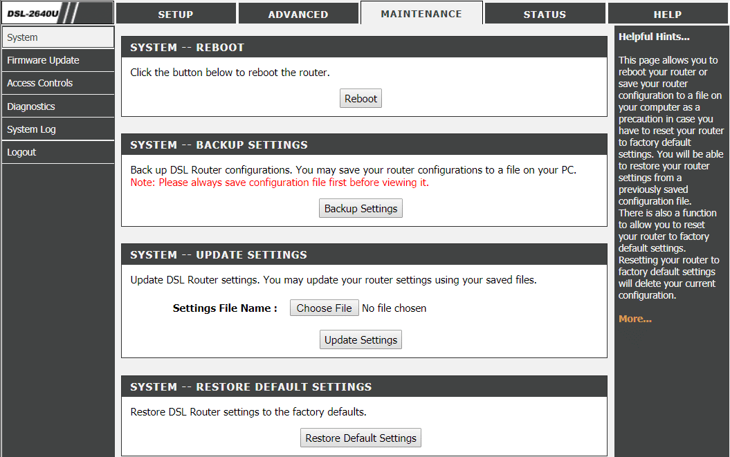 Reboot & Restore Router Settings 