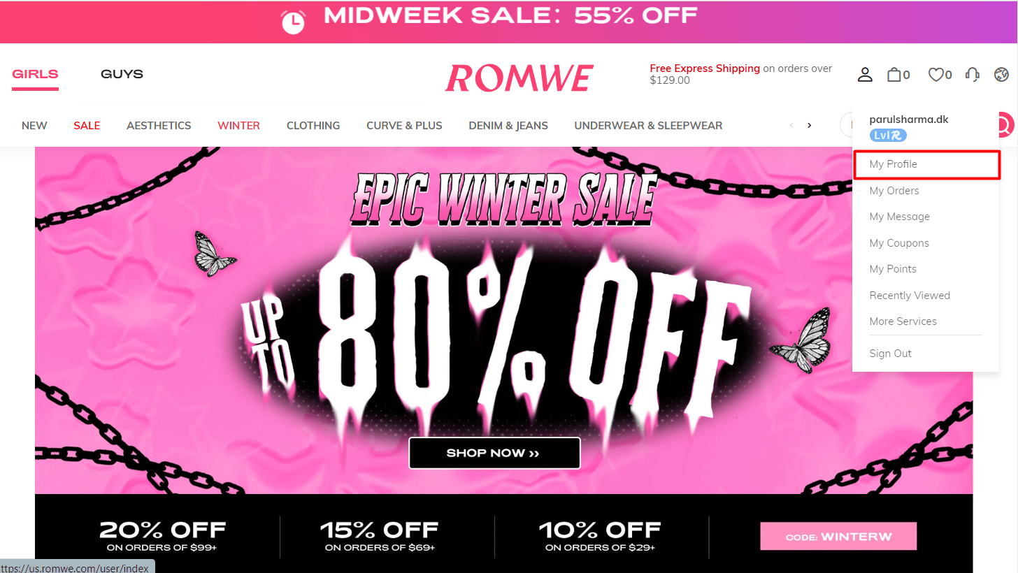 Go to the profile icon at the top right corner and click on My Profile romwe