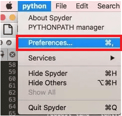 from the python drop-down menu, click on the Preferences... option