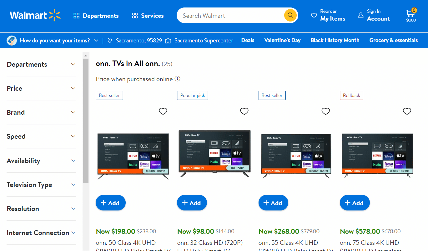 Walmart website ONN TV
