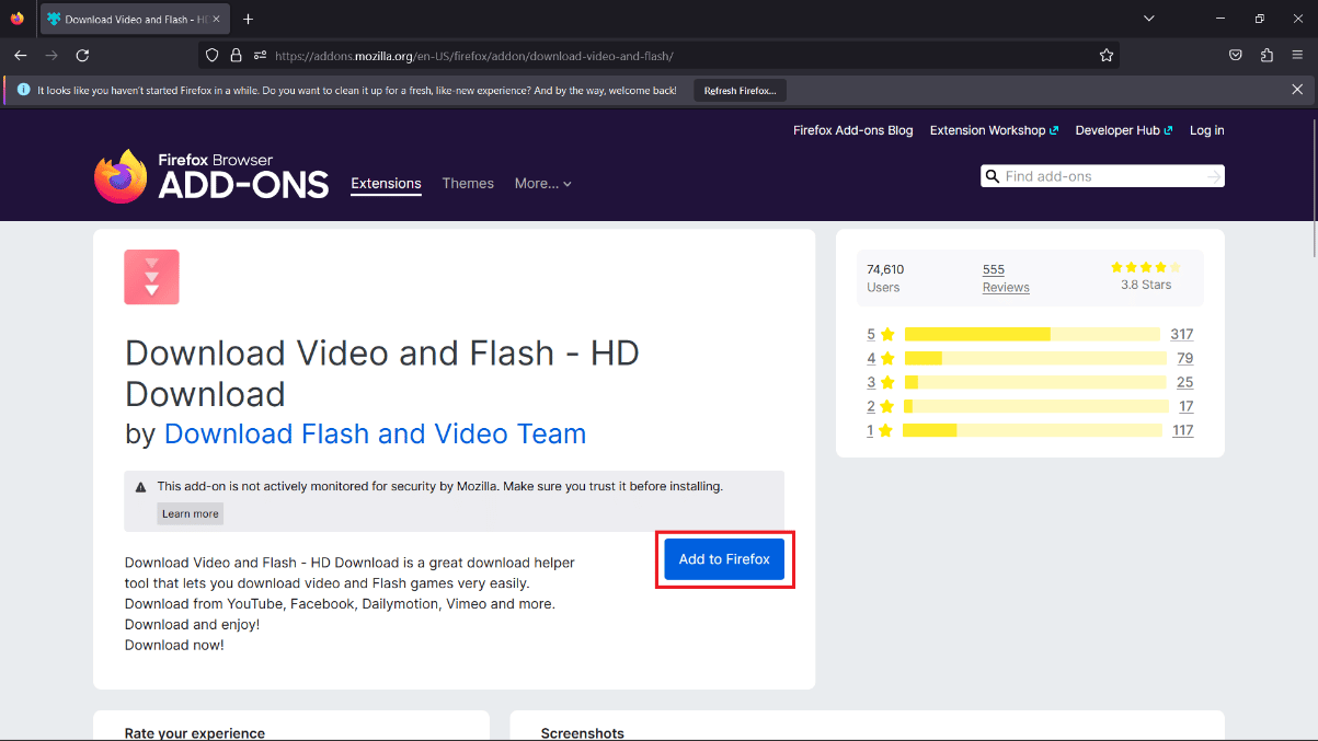 Click on Add to Firefox to install the extension.