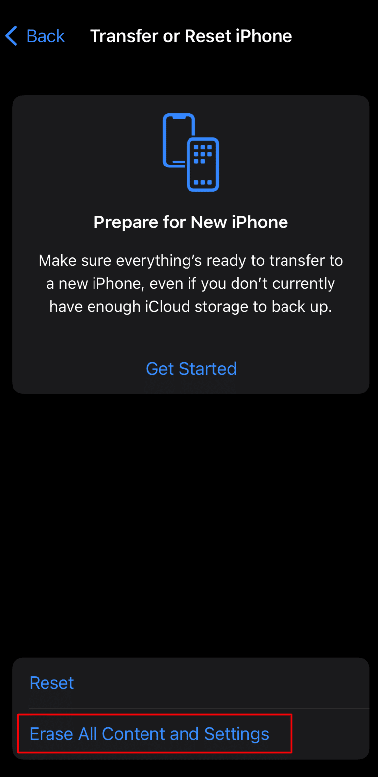 tap on erase all content and settings