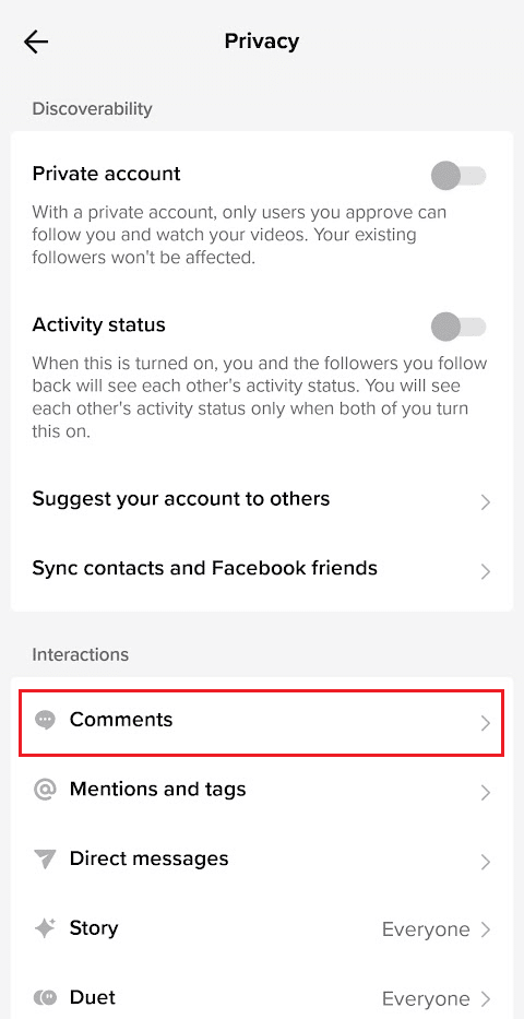 Tap on the Comments option from the Interactions section