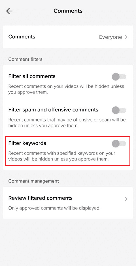 Turn on the toggle for the Filter keywords option | How to Filter Out Words on TikTok Comment