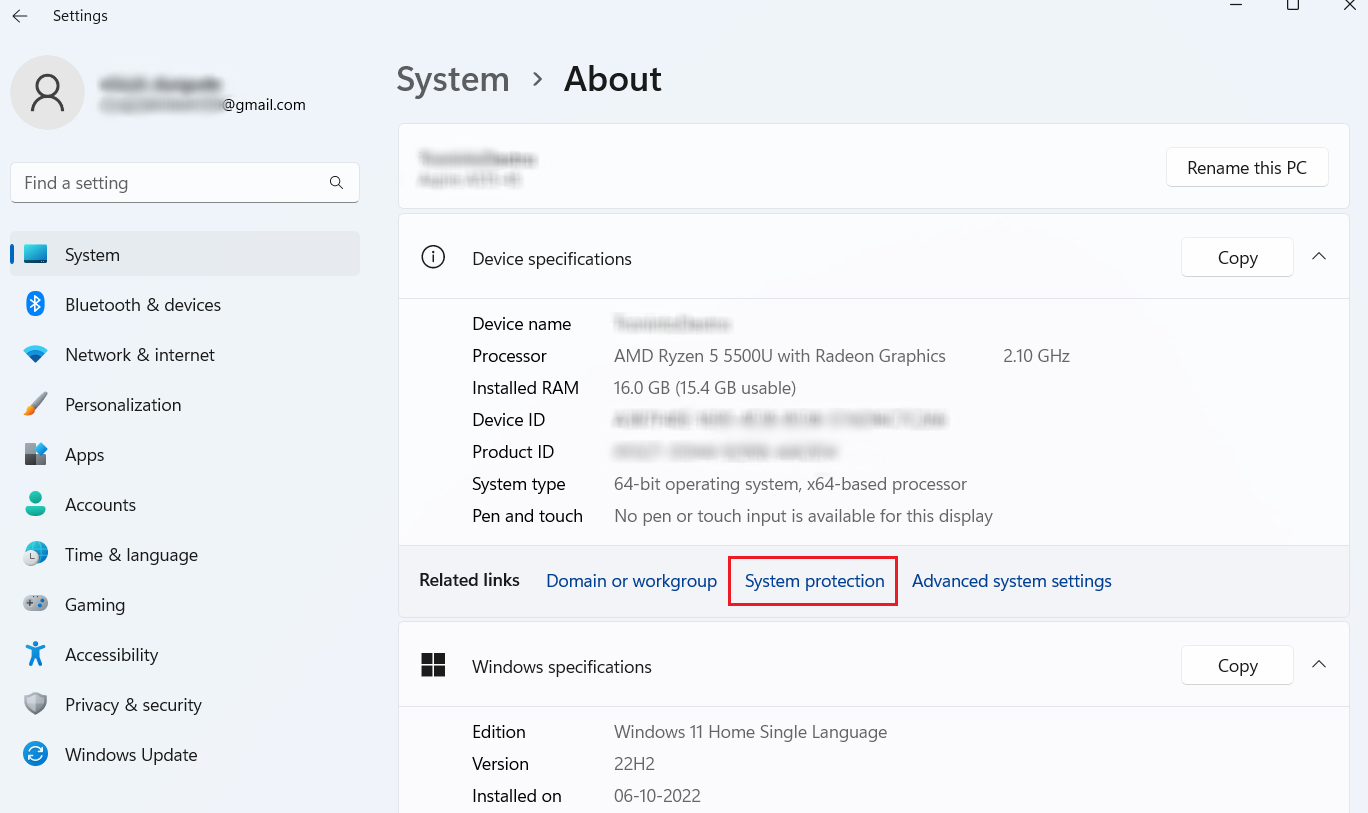 click on the System protection option from the Related links section