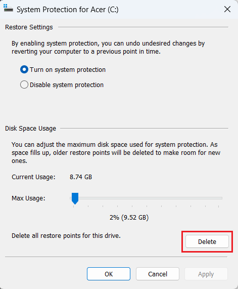 click on the Delete option present next to Delete all restore points for this drive | How to Delete Restore Point in Windows 11