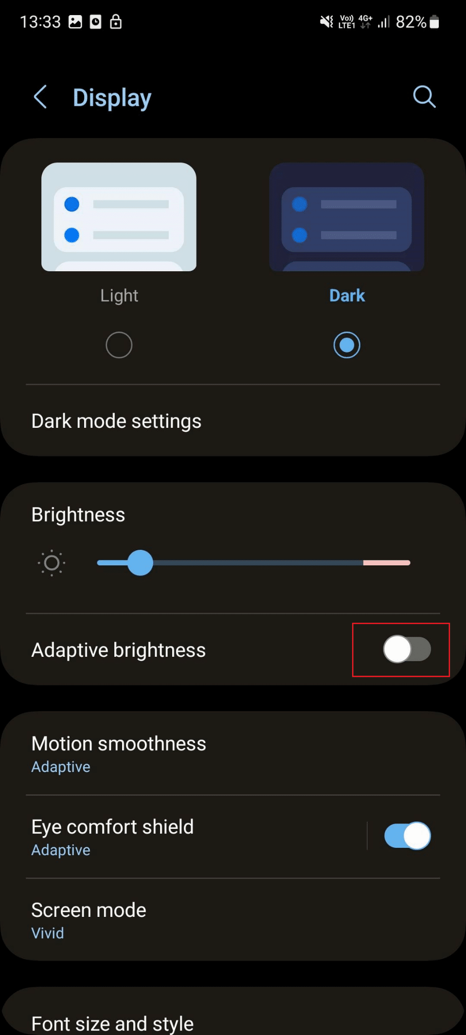 toggle on adaptive brightness s21