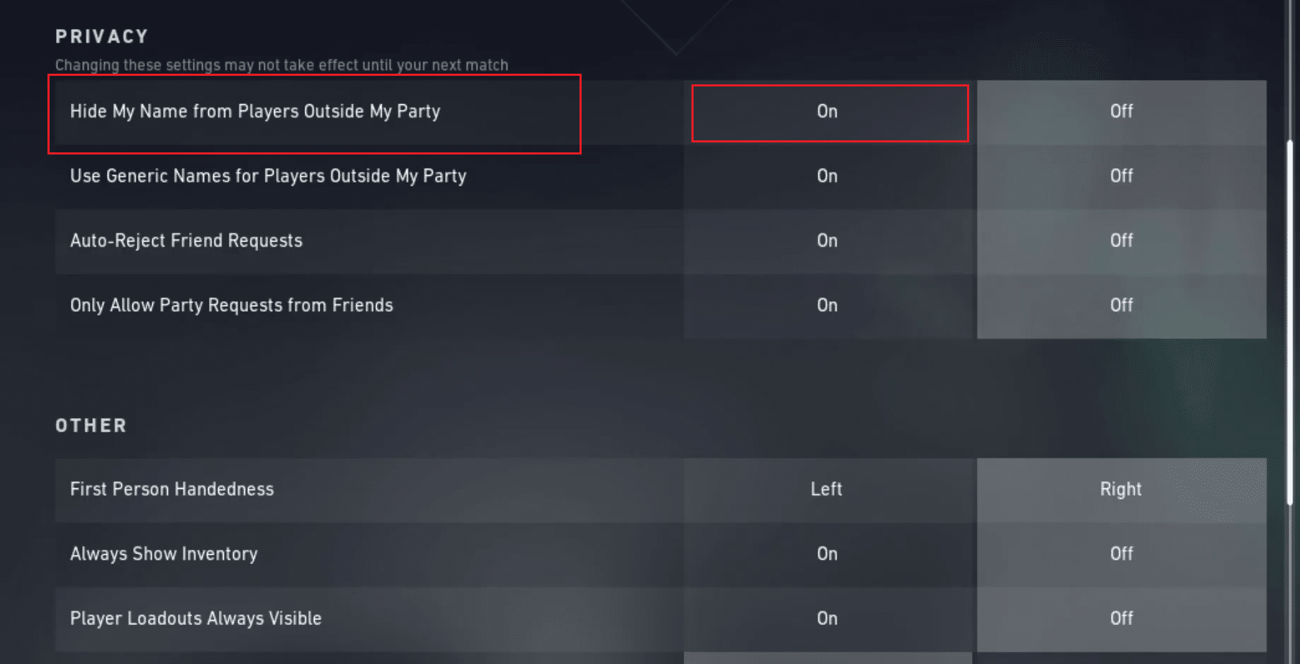 GENERAL tab - PRIVACY section - Click on the On option for the Hide My Name from Players Outside My Party option | How to See Level in Valorant