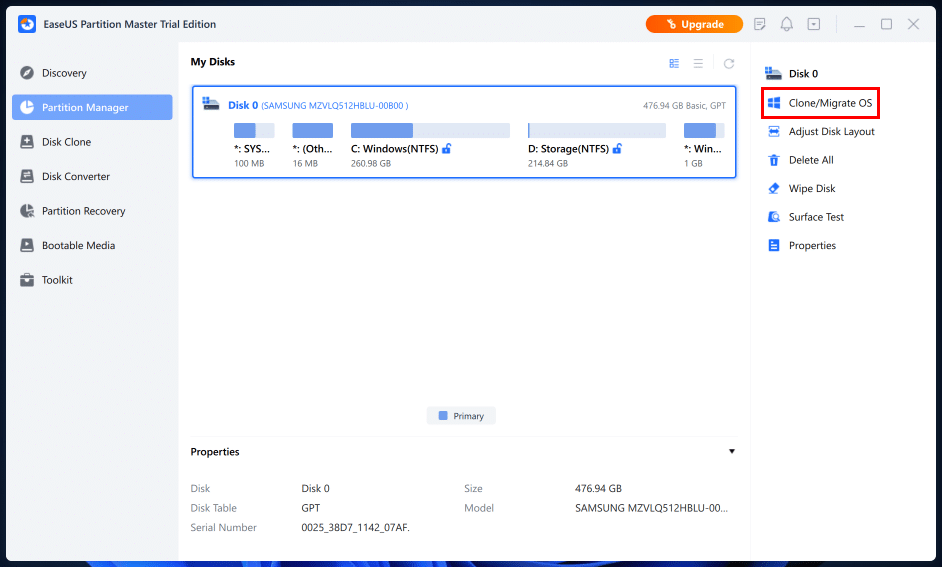 Click on Clone Migrate OS option from the right panel.
