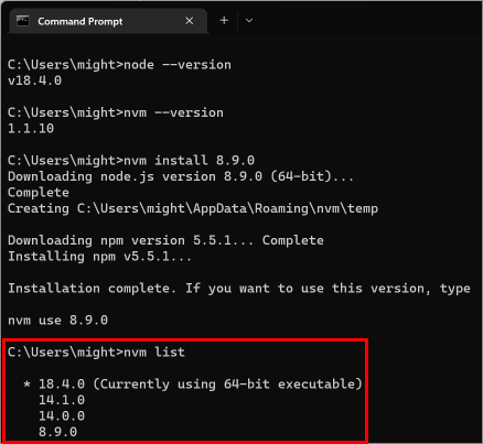 type in nvm list to view all the versions of the node.js installed on your PC.