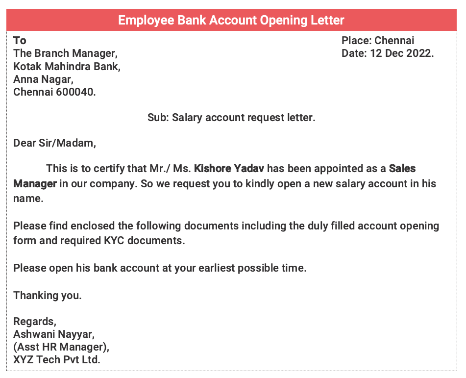 Salary Account Opening Application for Govt Employee