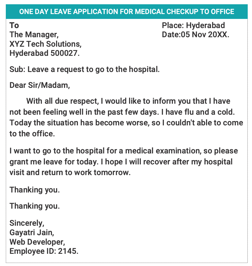 One day leave application for medical checkup to office