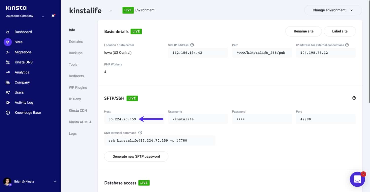 SFTP/SSH Address in MyKinsta.