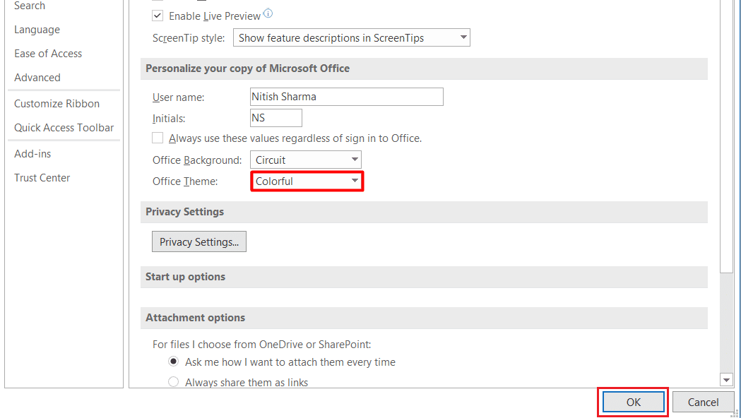 Choose the desired theme and click on OK to apply the necessary changes