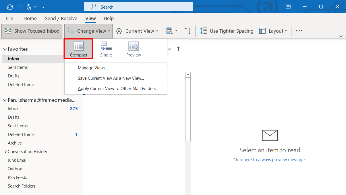 Now choose Compact to get the default view in Outlook