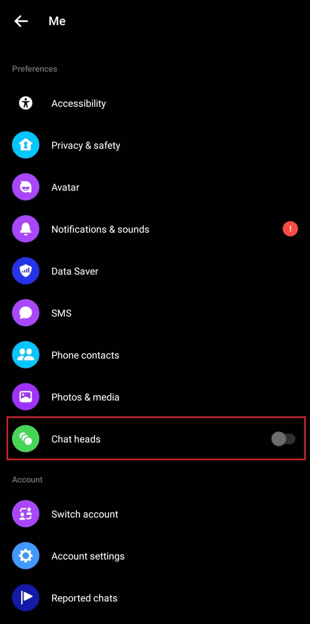Chat heads toggle in Messenger app. How to Fix Facebook Messenger Switch Account Problem