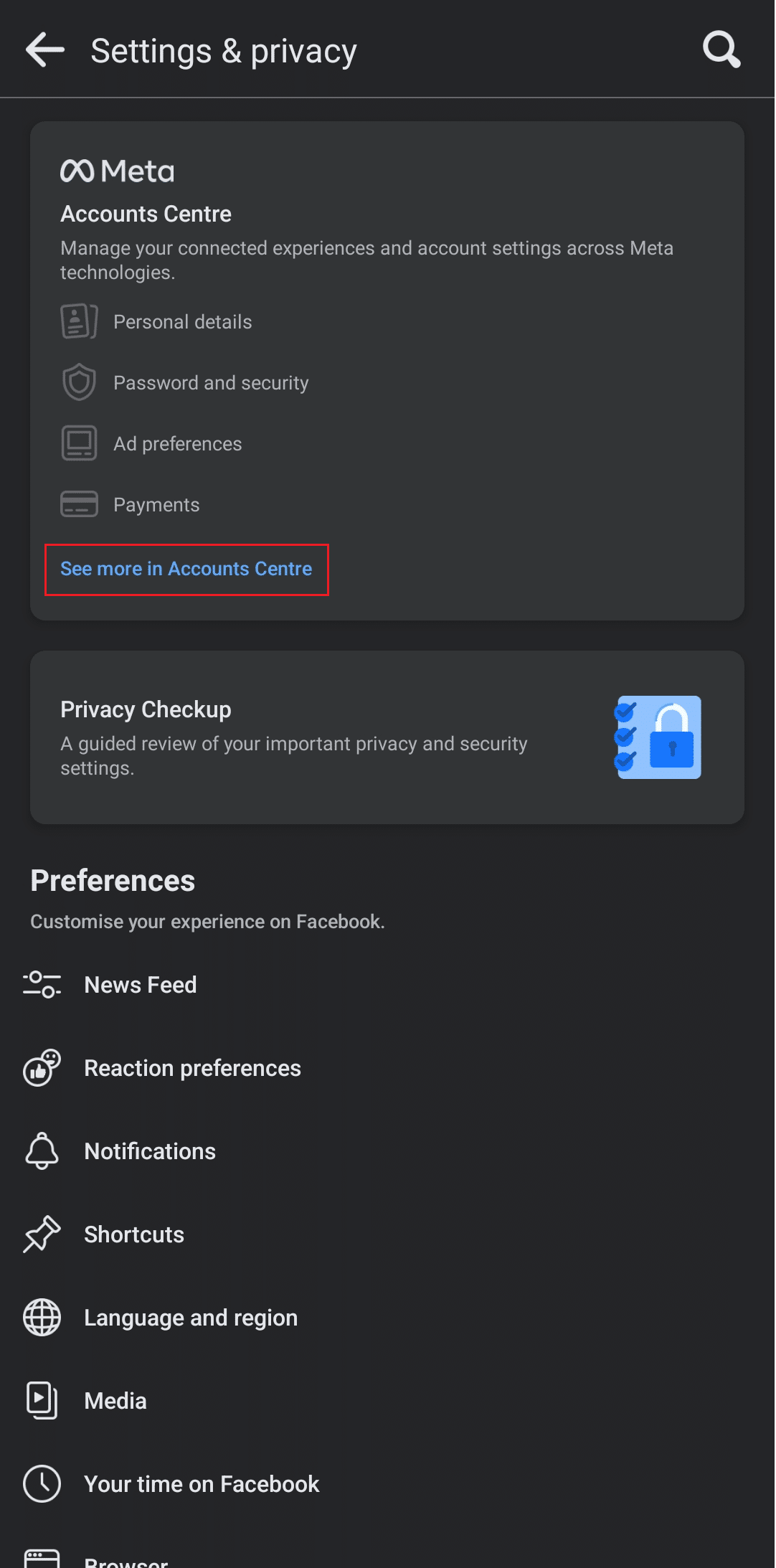 Tap on See more in Accounts Centre under Meta Accounts Centre
