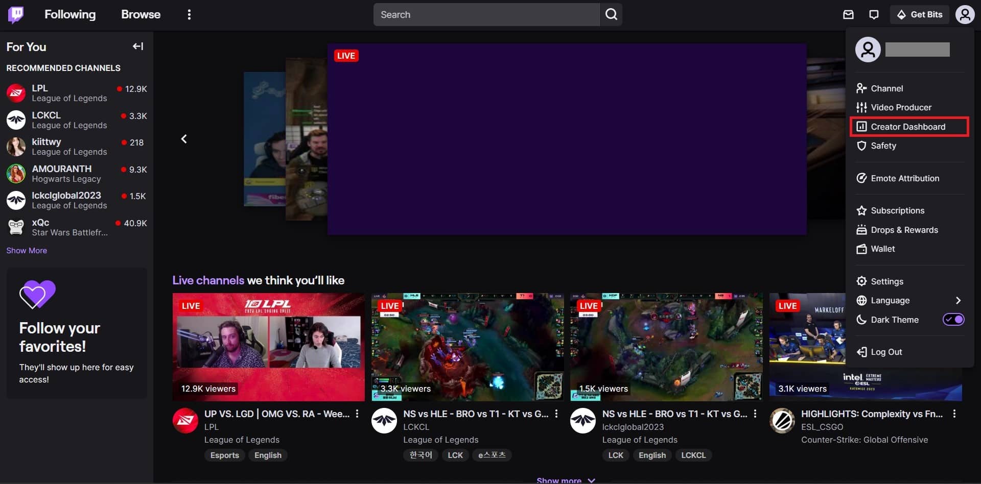 Select the Creator Dashboard.