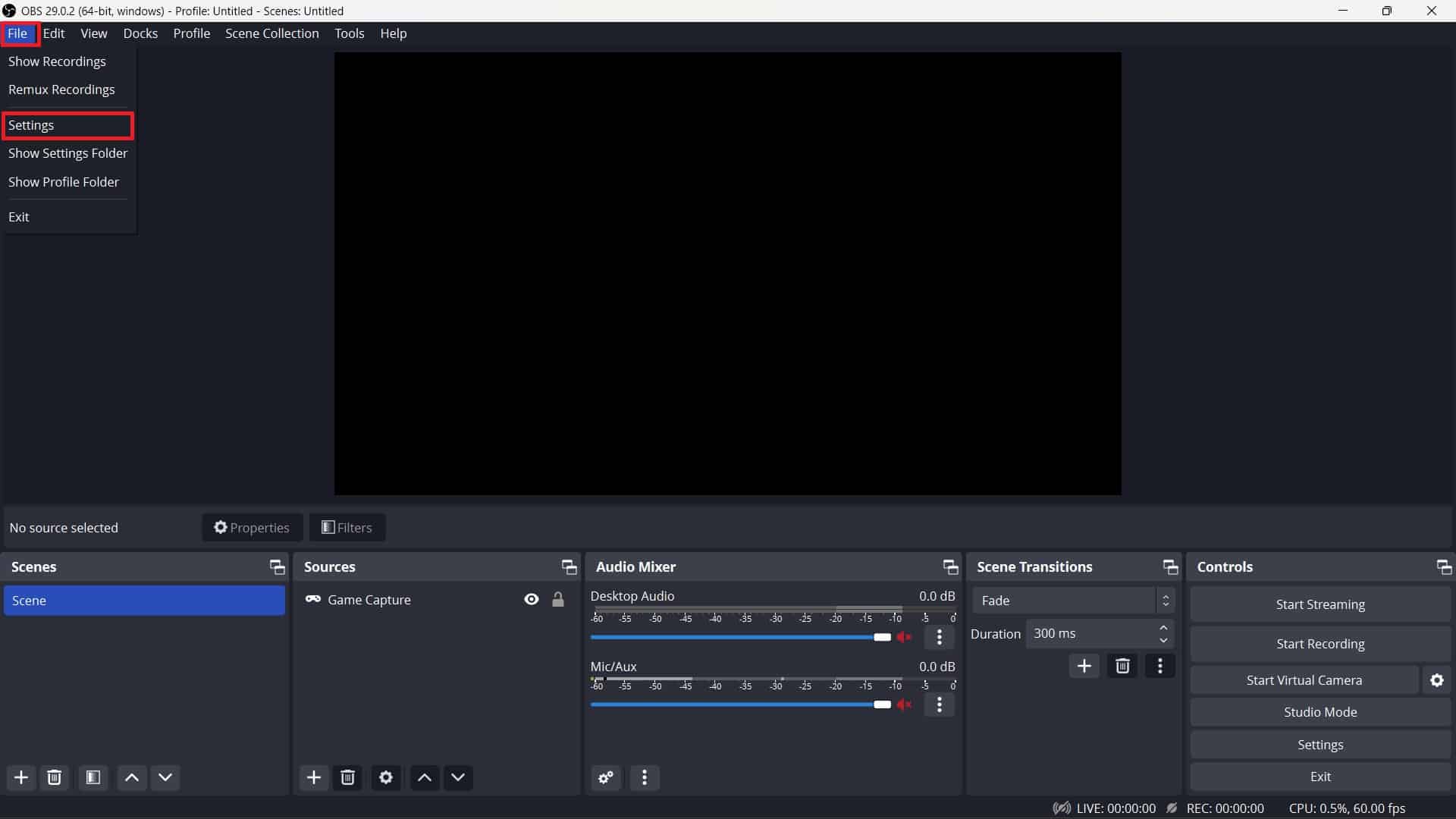 Navigate to the top-right menu bar and click on File, then choose Settings from the drop-down menu. | How to Change Stream Title on Twitch