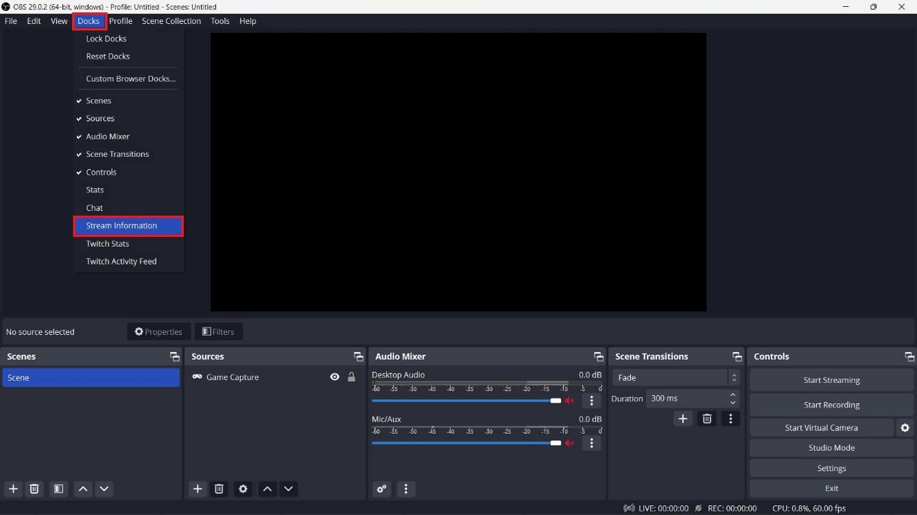 go to Docks and select Stream Information from the drop-down menu.