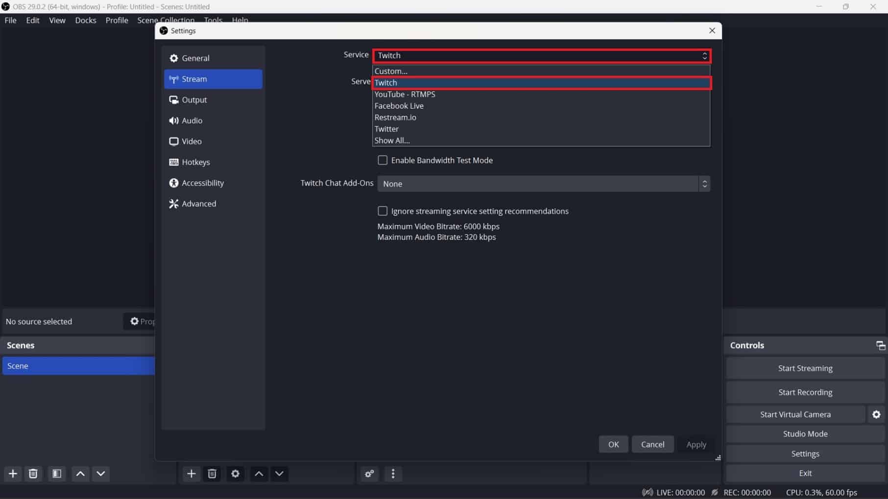 Click the downward arrow next to Service on the right. Choose Twitch from the list.