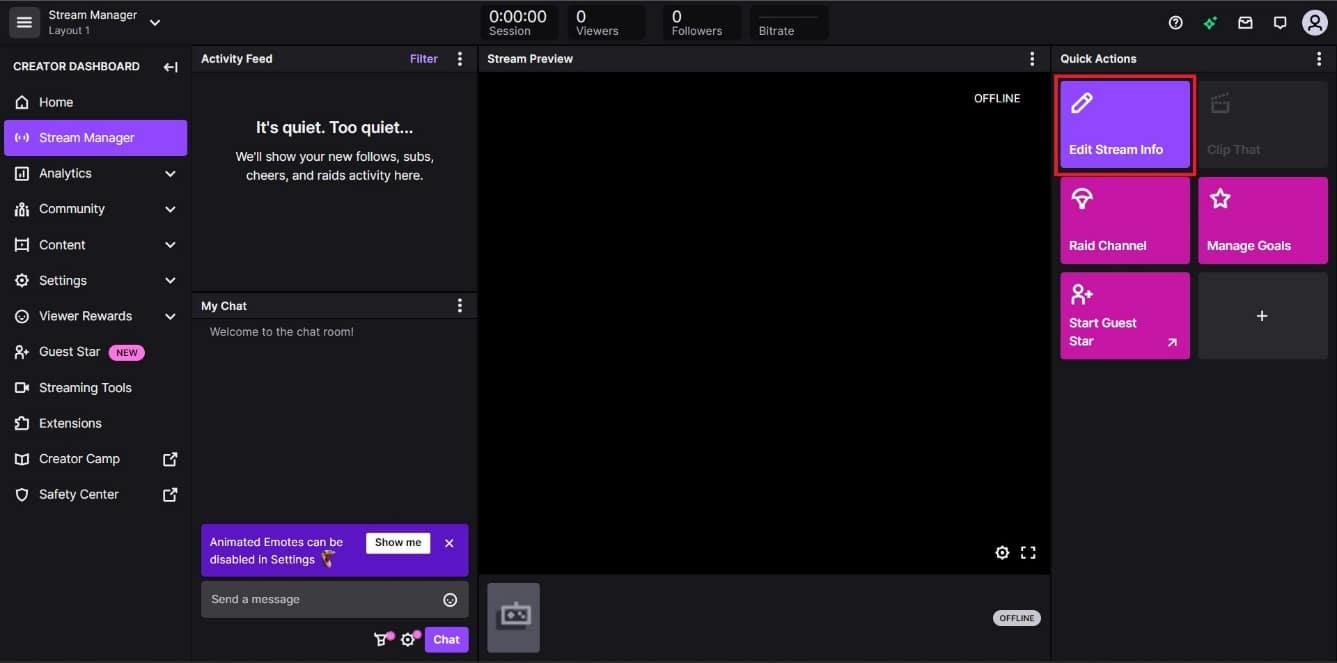 Click the Edit Stream Info tile under Quick Actions on the far right.