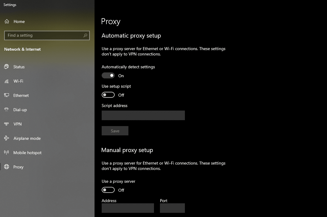 Changing the ‘Proxy’ settings in Windows 10