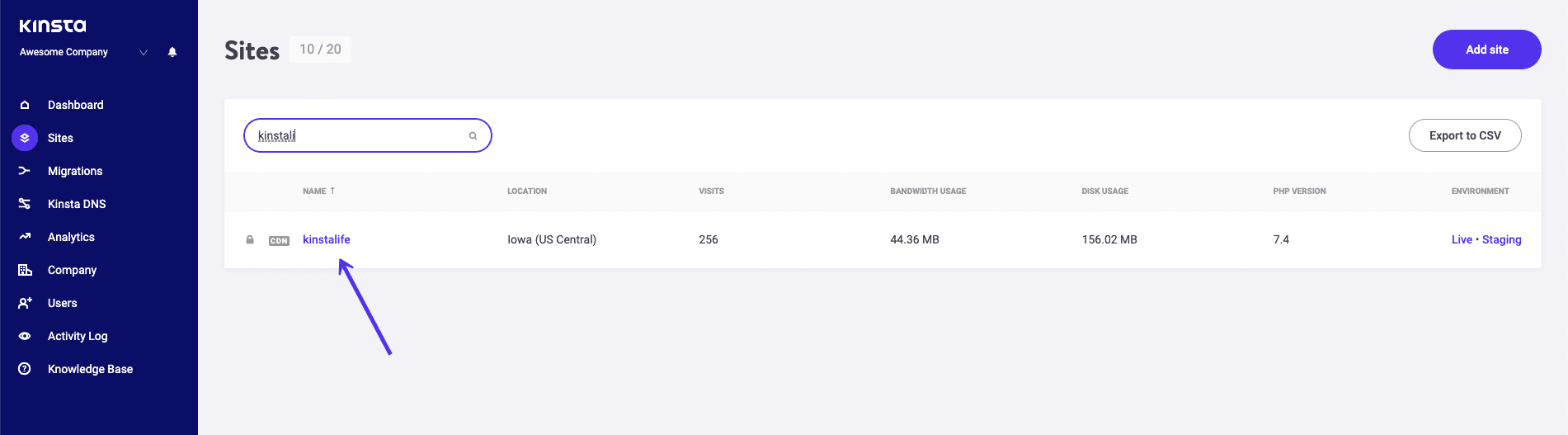 Finding your site in MyKinsta