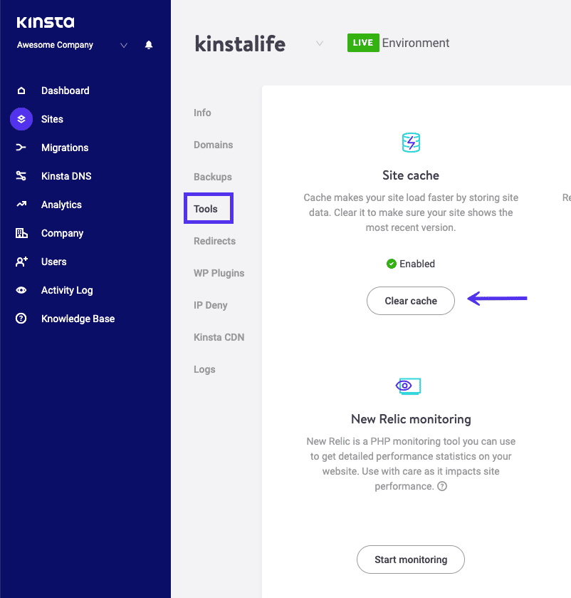 Clearing cache in MyKinsta 