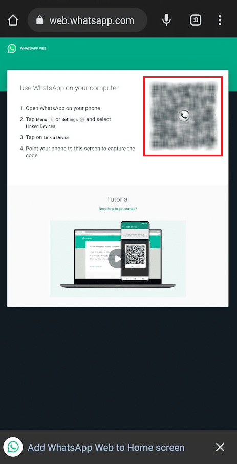 point the Scan QR code camera scanner on the QR code loaded on the other phone browser | Can I Create WhatsApp Account without Phone Number?