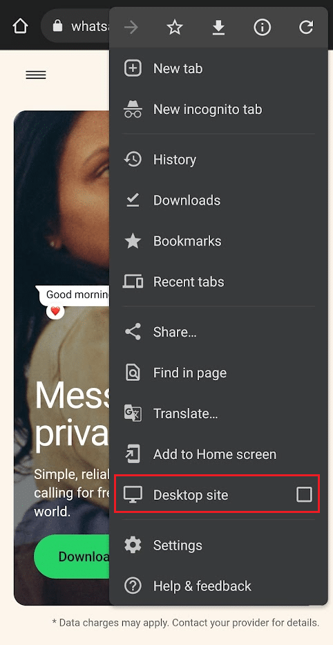 Select the Desktop site checkbox from the options