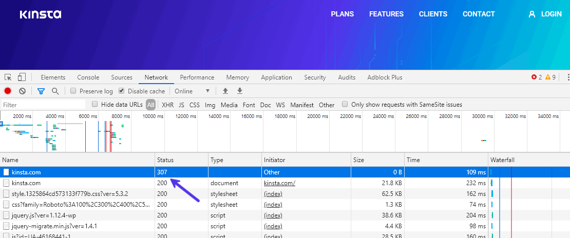 An example of a 307 Internal Redirect on Kinsta.com