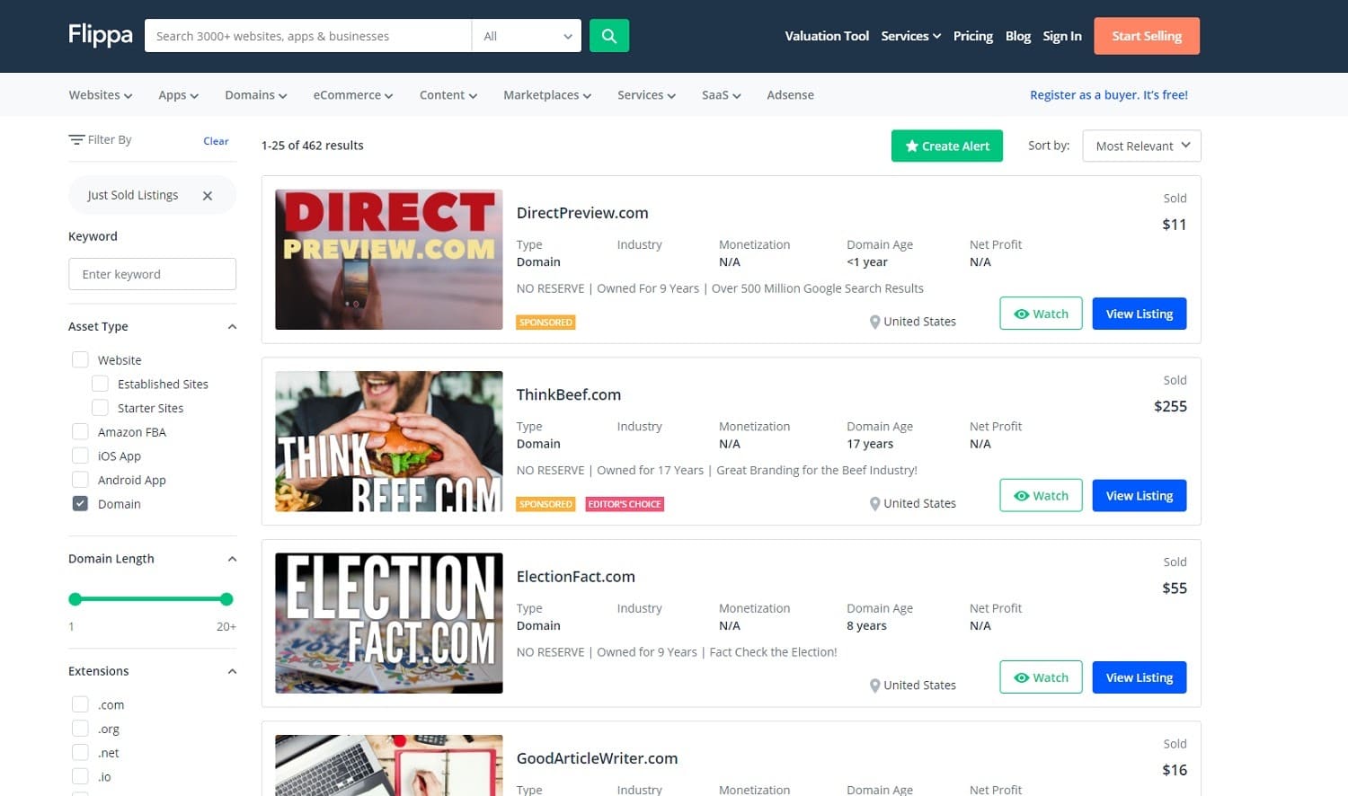 domain names flippa