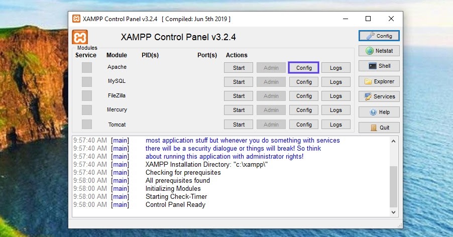 The XAMPP control panel in Windows.