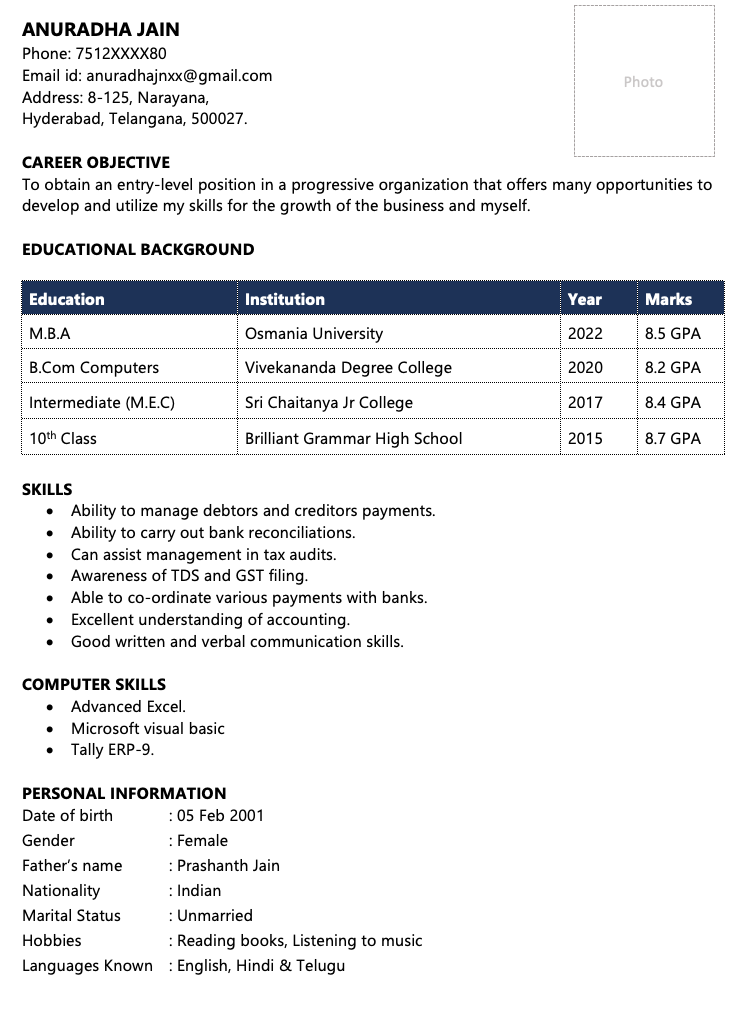 Fresher accountant resume format India